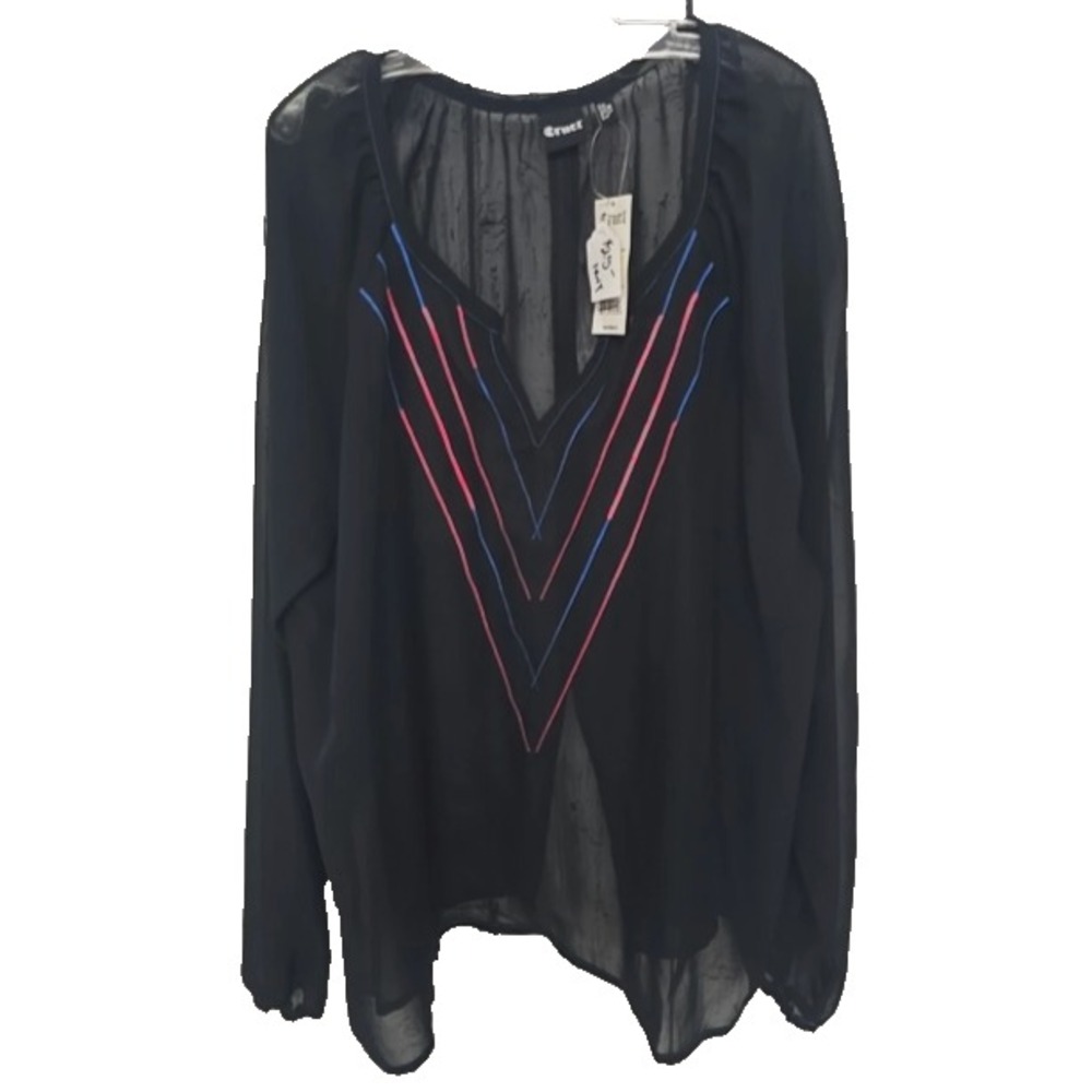 Cruel Girl Womens Black Sheer Chiffon V Neck Blouse Pink Blue Embroidered XL